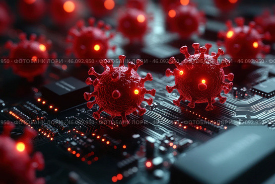 Stylized visualization of viruses resembling COVID-19 viruses, with bright red coloring. The viruses are on a black computer board with red glowing elements. The board elements, such as chips and microcircuits, create a sense of symbiosis of biology and technology, with a bright contrast between the red virus and the dark electronics. Стоковое AI-изображение, AI-художник Анна Кривицкая / Фотобанк Лори