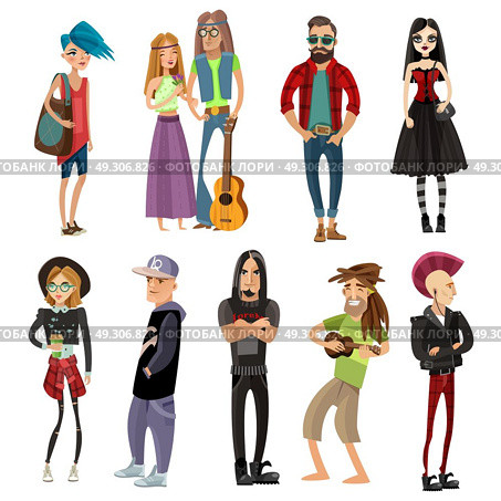 Subcultures People Set In Cartoon Style. Subcultures people set in cartoon style with hippie hipster goth punk rapper and rastafarian isolated vector illustration. Стоковая иллюстрация, агентство Ingram Publishing / Фотобанк Лори