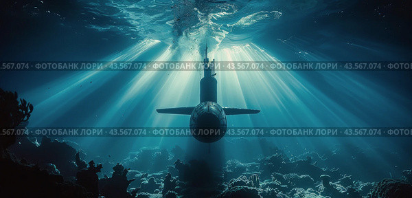 Submarine Partially Submerged in Deep Ocean Water With Sunlight Shining Through. Стоковое AI-изображение, AI-художник Юлия Гапеенко / Фотобанк Лори