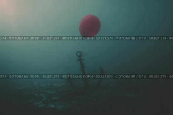 Submerged anchor with a single floating balloon in murky water creates a surreal underwater atmosphere. Стоковое AI-изображение, AI-художник Сергей Толмачёв / Фотобанк Лори
