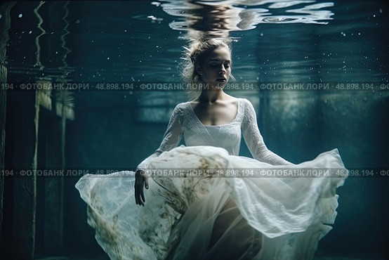 Submerged Serenity: A Graceful Woman in gracefully adorning flowing white dress while submerged underwater. Стоковое AI-изображение, AI-художник Данила Большаков / Фотобанк Лори