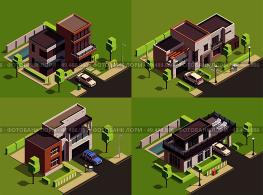 Suburbian buildings isometric 2x2 compositions set with four landmarks residential yards landscapes with modern villa houses vector illustration. Стоковая иллюстрация, агентство Ingram Publishing / Фотобанк Лори