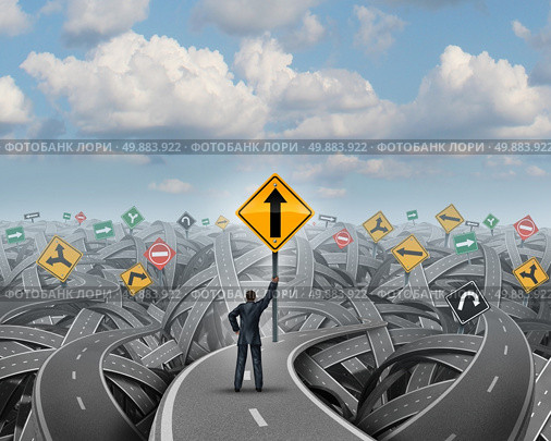 Success direction with a confident businessman standing on a group of tangled streets holding up a traffic sign with an upward arrow as a symbol for clear belief and conviction to a path of prosperity overcoming confusion and fear. Стоковое фото, агентство Ingram Publishing / Фотобанк Лори