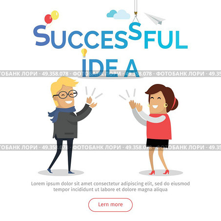 Successful Idea Web Banner. Business Solution.. Successful idea web banner. Business solution. Man and woman clapping hands. Business team success in work. Cartoon characters strategic, solve problem with partnership challenge. Vector. Стоковая иллюстрация, агентство Ingram Publishing / Фотобанк Лори