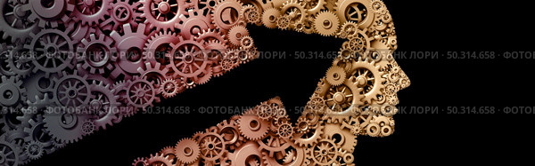 Successful mindset growth thinking as a business success development and corporate training made of gears and cog wheeels as a 3D render on a black background. Стоковое фото, агентство Ingram Publishing / Фотобанк Лори