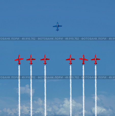 Successful under the radar as a cunning business strategy to surpass the competition in a strategic way as a group of air shoe planes with smoke trails and an individual stealthy jet winning with 3D illustration elements. Стоковое фото, агентство Ingram Publishing / Фотобанк Лори