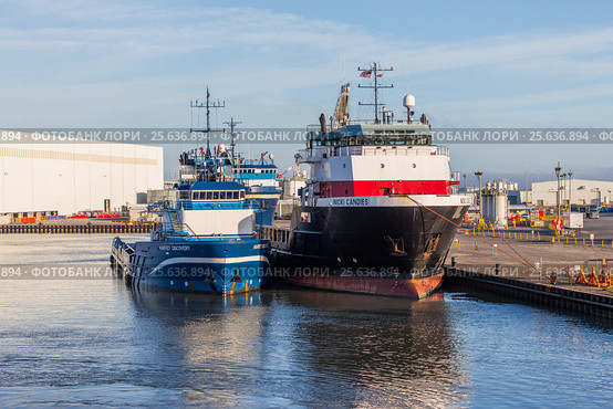 Суда снабжения у причала в Port Fourchon, Луизиана (2017 год). Редакционное фото, фотограф Алексей Шматков / Фотобанк Лори