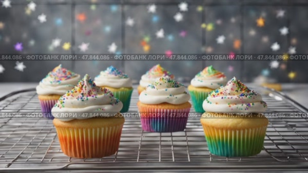 Sugar sprinkles falling on stack of colorful cupcakes. Стоковое AI-видео, аниматор Ирина Старикова / Фотобанк Лори