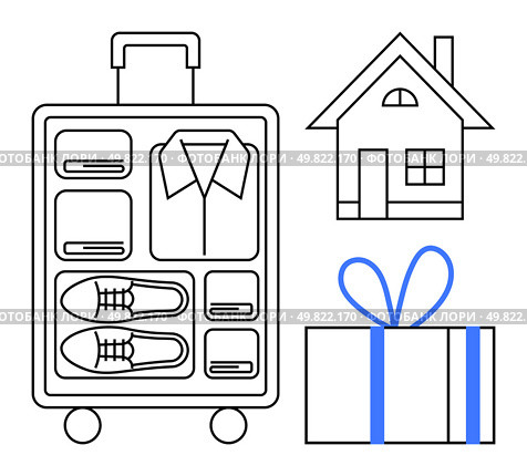 Suitcase neatly packed with organized clothing and shoes, alongside a simple house and gift box with a bow. Ideal for travel, family, holidays, moving, organization, packing tips home. Line metaphor. Packing for Travel with Home and Gift Elements Highlighting Family Visit. Стоковая иллюстрация, агентство Ingram Publishing / Фотобанк Лори