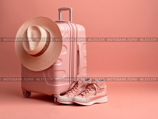 Suitcase straw hat and sneakers in pastel colors. A symbol of travel and vacation. Стоковое AI-изображение, AI-художник Ярославский Максим / Фотобанк Лори