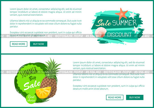 Summer big sale set of posters with text sample. Promotion and special discounts for products. Pineapple and slice of tropical fruit reduction vector. Summer Big Sale Set of Posters Vector Illustration. Стоковая иллюстрация, агентство Ingram Publishing / Фотобанк Лори