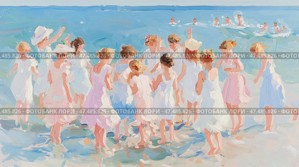 Summer Celebration: A group of girls frolics on the beach, enjoying the refreshing water and sunshine in impressionistic brushstrokes. Стоковое AI-изображение, AI-художник Данила Большаков / Фотобанк Лори
