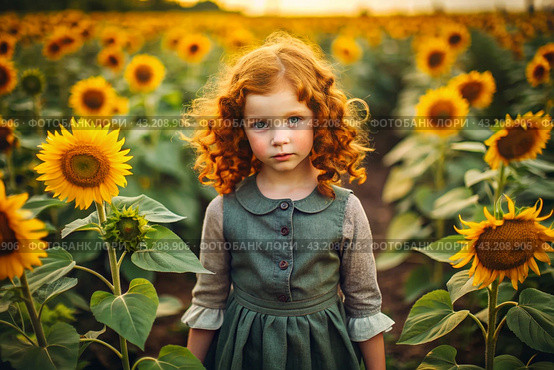 Summer flowering. Portrait of a beautiful curly-haired girl and a green dress in a blooming field of sunflowers Childhood. The girl poses and looks at the camera. Стоковое AI-изображение, AI-художник Photojuli / Фотобанк Лори