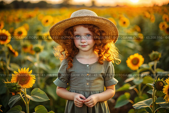 Summer flowering. Portrait of a beautiful curly-haired girl in a straw hat and a green dress in a blooming field of sunflowers Childhood. The girl poses and looks at the camera. Стоковое AI-изображение, AI-художник Photojuli / Фотобанк Лори