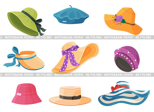 Summer hat. Vector illustration. Summer headwear, emblem of relief amidst scorching sun A beach hat, canvas painted with sebreezes and sandy feet A summer hat, shield elegantly woven against sunlight. Summer hats. A summer hat, crown of straw for beach monarch Sun hat wear, harmony of fashion and functionality. Стоковая иллюстрация, агентство Ingram Publishing / Фотобанк Лори