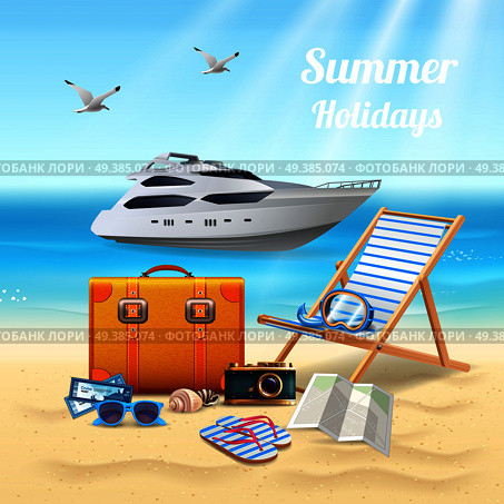Summer holidays realistic beautiful composition with expensive boat sunbed and stuff for the beach vector illustration. Summer Holidays Realistic Beautiful Composition. Стоковая иллюстрация, агентство Ingram Publishing / Фотобанк Лори