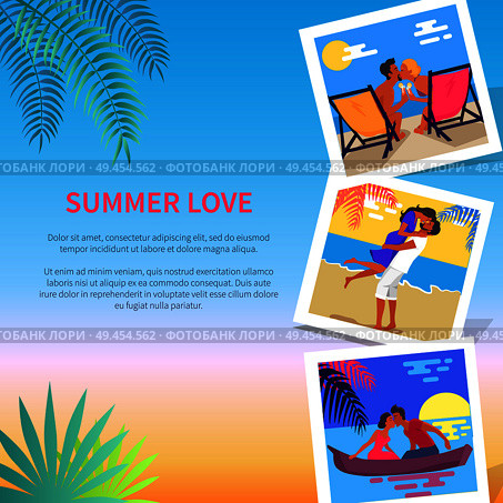 Summer love photographies with romantic couple spending honeymoon or dating on beach near written text on beach template background.. Summer Love Photos near Text Vector Illustration. Стоковая иллюстрация, агентство Ingram Publishing / Фотобанк Лори
