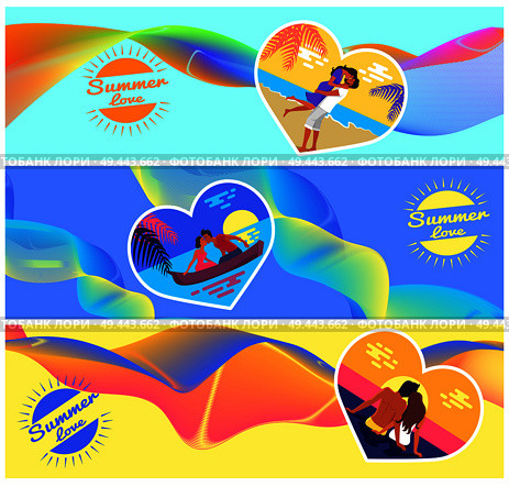 Summer love photos in heart shape frame vector flyers. Happy couples on vacation at seaside kiss on sunset, hug on beach and hold each others hands in ocean. Summer Love Photos of Couples in Heart Shape Frame. Стоковая иллюстрация, агентство Ingram Publishing / Фотобанк Лори