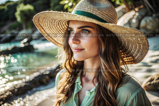 Summer vacation on the beach, Close-up of a beautiful woman in a straw hat. Summer time. Rest and vacation, a place to copy. Стоковое AI-изображение, AI-художник Photojuli / Фотобанк Лори
