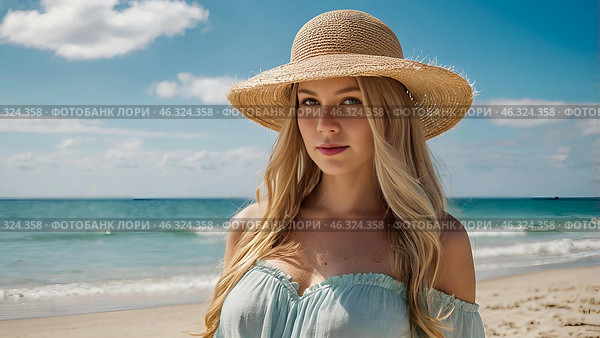 Summer vacation on the beach, close-up of a beautiful woman in a straw hat. Daylight saving time. Rest and vacations, a place to copy. Стоковое AI-изображение, AI-художник Photojuli / Фотобанк Лори