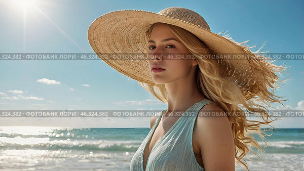 Summer vacation on the beach, close-up of a beautiful woman in a straw hat. Daylight saving time. Rest and vacations, a place to copy. Стоковое AI-изображение, AI-художник Photojuli / Фотобанк Лори