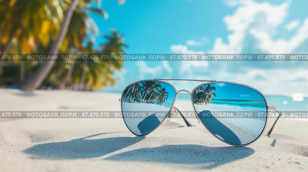 Sunglasses resting on sandy beach with reflections of palm trees and ocean. Солнцезащитные очки на песчаном пляже с отражением пальм и океана. Стоковое AI-изображение, AI-художник Katsiaryna Repich / Фотобанк Лори