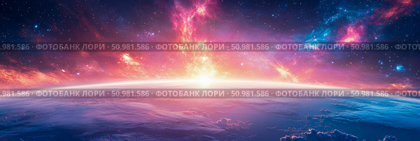 Sunrise over a vibrant alien planet with a nebula in the background. Стоковое AI-изображение, AI-художник Данила Большаков / Фотобанк Лори