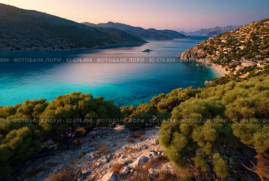 Sunset in laguna of azure Aegean Sea with lush mountains, fluffy clouds, yacht, summer weather. Nature landscape in East Turkey. Concept of vacation, recreation and travel. Стоковое AI-изображение, AI-художник Aleksandr Golubev / Фотобанк Лори
