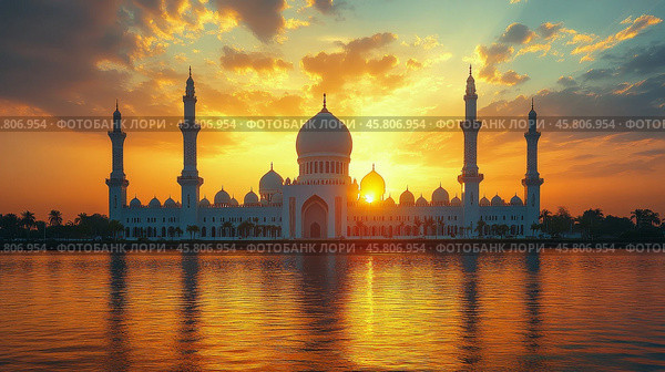 Sunset over a grand mosque with vibrant clouds in the sky. Стоковое AI-изображение, AI-художник Юлия Гапеенко / Фотобанк Лори