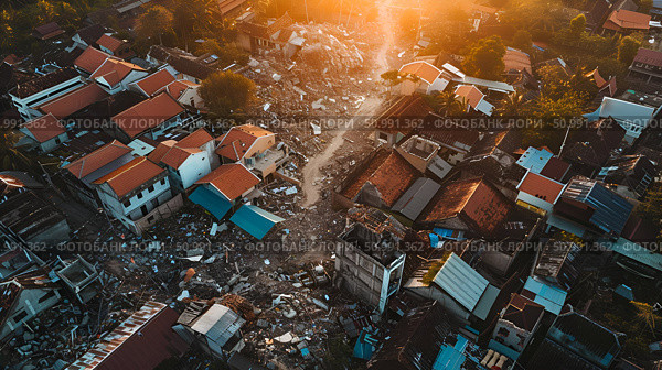 Sunset over a town devastated by an earthquake, showing the aftermath of natural disasters. Concept: Aftermath of natural disasters. For educational, humanitarian aid, and disaster recovery materials. Стоковое AI-изображение, AI-художник Лариса Пономарева / Фотобанк Лори