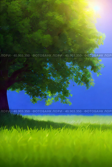 Superb minimalism lonely tree on landscape summer. Стоковое AI-изображение, AI-художник Евгений Ткачёв / Фотобанк Лори