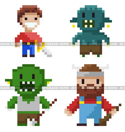 Superhero knight and geek with teeth characters isolated on white, portrait view of beast and cavalier with falchion, standing hero, pixel game vector. Hero Set of Pixel Game, Geek and Cavalier Vector. Стоковая иллюстрация, агентство Ingram Publishing / Фотобанк Лори