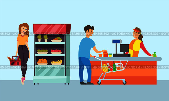Supermarket store cashier and customers buying food vector. Lady by refrigerator with carrot and apples, holding basket with bread. Food shopping. Supermarket Store Cashier and Customers Vector. Стоковая иллюстрация, агентство Ingram Publishing / Фотобанк Лори