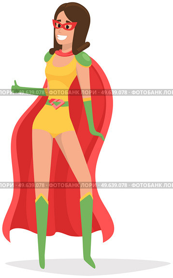 Superwoman smiling, waving hand and has superpowers. Cartoon character in superhero costume with cloak, mask and emblem stands on white background. Strong person protects people from villains. Superwoman smiling, waving hand and has superpowers. Cartoon slender character in superhero costume. Стоковая иллюстрация, агентство Ingram Publishing / Фотобанк Лори