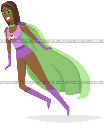 Superwoman smiling, waving hand and has superpowers. Cartoon character in superhero costume with cloak, mask and emblem stands on white background. Strong person protects people from villains. Superwoman smiling, waving hand and has superpowers. Cartoon slender character in superhero costume. Стоковая иллюстрация, агентство Ingram Publishing / Фотобанк Лори