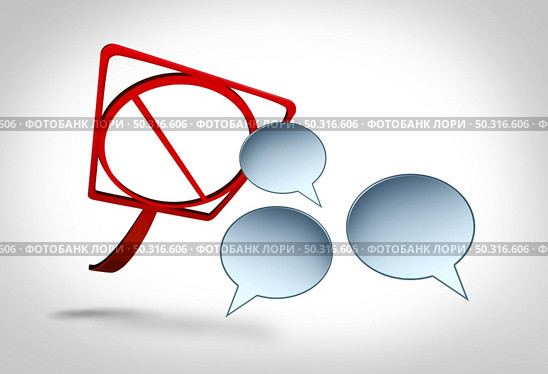 Suppression Of speech and social media restrictions and society communication censorship to censor opinions and thought as a fly swatter shaped as a banned sign swatting word bubble icons in with 3D illustration elements. Стоковое фото, агентство Ingram Publishing / Фотобанк Лори