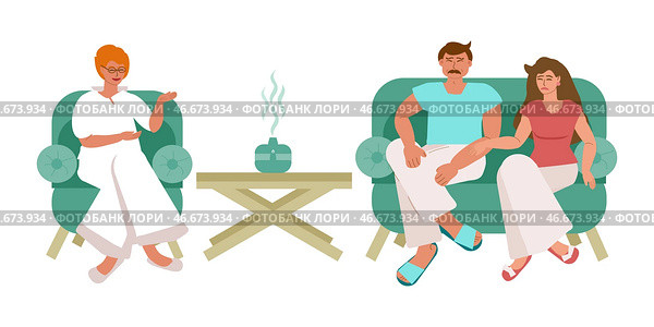 Супружеская пара в кабинете психотерапевта, психолога. Стоковая иллюстрация, иллюстратор Юлия Королева / Фотобанк Лори