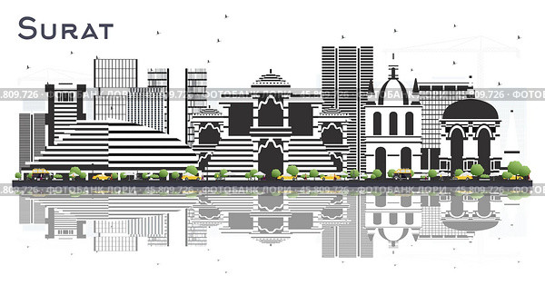 Surat India City Skyline with Color Buildings and Reflections Isolated on White. Стоковая иллюстрация, иллюстратор Игорь Сорокин / Фотобанк Лори
