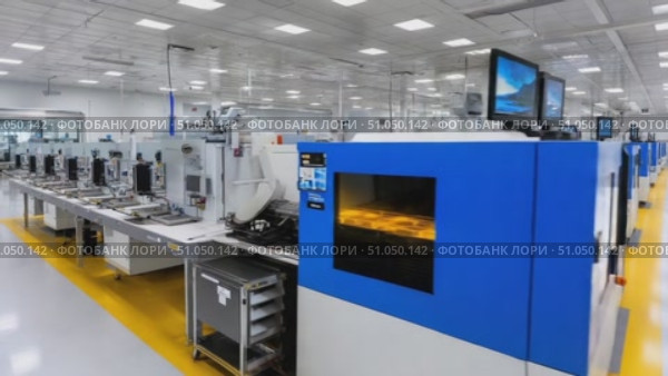 Surface mount technology line operating in electronics factory. Стоковое AI-видео, аниматор Юрий Поздников / Фотобанк Лори