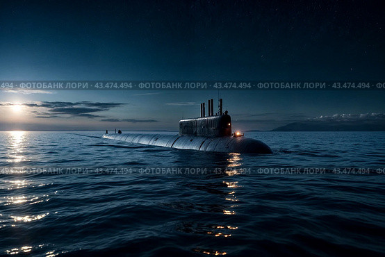 Surfaced unknown nuclear submarine at north night waters in open sea/ocean. Sub military control of sea, protection of water. Naval forces army, military war technology concept. Copy ad text space. Стоковое AI-изображение, AI-художник Aleksandr Golubev / Фотобанк Лори