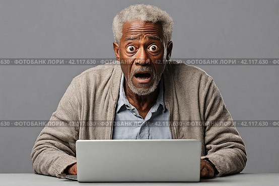 Surprised elderly african american man looking at laptop screen on gray background. Стоковое AI-изображение, AI-художник Васильева Юлия / Фотобанк Лори