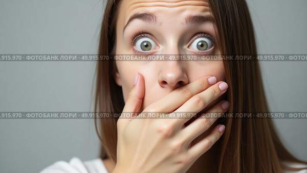 Surprised individual closeup portrait with brown hair and light eyes against neutral gray background. Стоковое AI-изображение, AI-художник Андрей Бакусов / Фотобанк Лори
