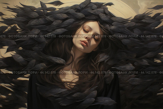 Surreal dreaming woman with feathers. Стоковое AI-изображение, AI-художник Иван Рябоконь / Фотобанк Лори