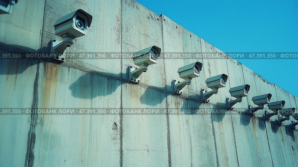 Surveillance cameras on a concrete wall, symbolizing border control and security. Ряды камер наблюдения, установленных на высокой бетонной стене, символизирующей пограничный контроль и безопасность. Стоковое AI-изображение, AI-художник Katsiaryna Repich / Фотобанк Лори