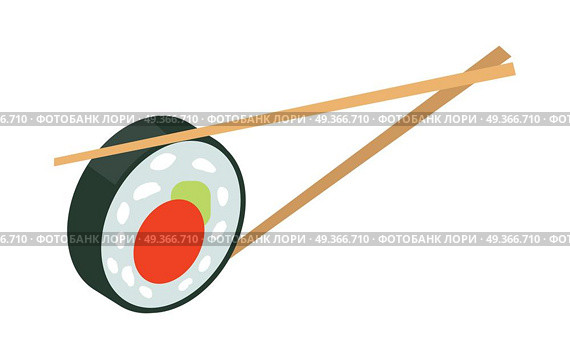 Sushi Japan with Two Sticks Isolated Japanese Food. Sushi japan with two sticks isolated. Sushi logo flat style design. Restaurant japanese, asian food, rice and seafood, fish sushi, asia dinner, fresh sushi and chopstick, oriental lunch logo. Vector. Стоковая иллюстрация, агентство Ingram Publishing / Фотобанк Лори