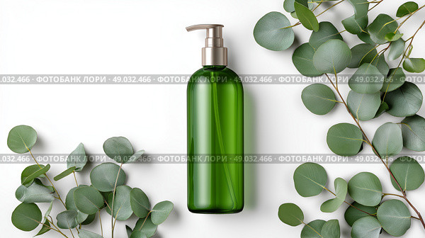 Sustainable skincare product showcased with green leaves on white background. Стоковое AI-изображение, AI-художник Katsiaryna Repich / Фотобанк Лори