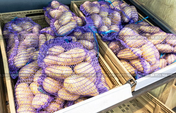 Свежий картофель, упакованный в мешки, продается в продуктовом магазине. Стоковое фото, фотограф FotograFF / Фотобанк Лори
