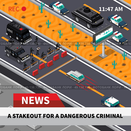 Swat Action Isometric Screenshot Composition Poster . Swat special weapon and tactics unit confrontation with dangerous criminals tv news isometric composition screenshot vector illustration . Стоковая иллюстрация, агентство Ingram Publishing / Фотобанк Лори