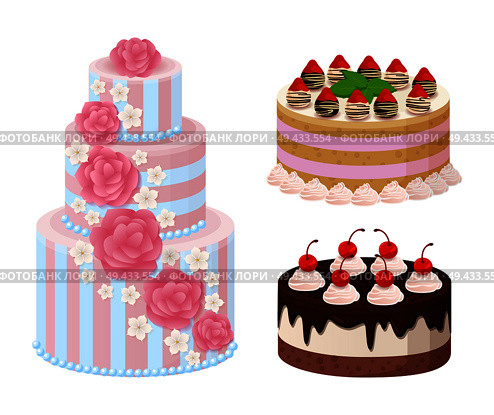 Sweet bakery collection, poster with cakes made of cream and biscuit, berries and chocolate, strawberries and blueberries, isolated on vector illustration. Sweet Bakery Collection Poster Vector Illustration. Стоковая иллюстрация, агентство Ingram Publishing / Фотобанк Лори
