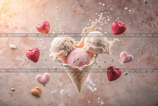 Sweet dessert. The love of ice cream. A heart-shaped ice cream cone with splash, hearts and splashes. The concept of Valentine's Day. Banner, advertisement. Стоковое AI-изображение, AI-художник Photojuli / Фотобанк Лори